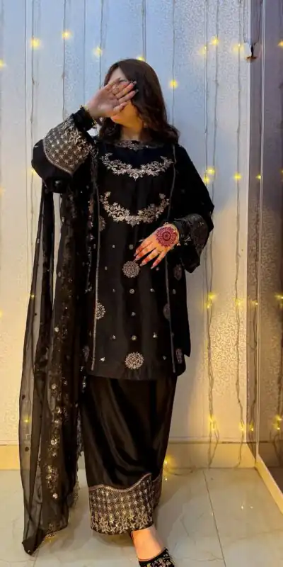 ST 251 Black Faux Georgette Salwar Suit with Mirror Work & Embroidery Work. Get it for ₹2349. Delivery 4-6 Working Days. Shop now. | Jump Suits, Salwar suit, Designer Suits, Casual Suits, Creative suits, Palazzo Suits, Party Wear Suits, Patiala Suits, Straight Suits