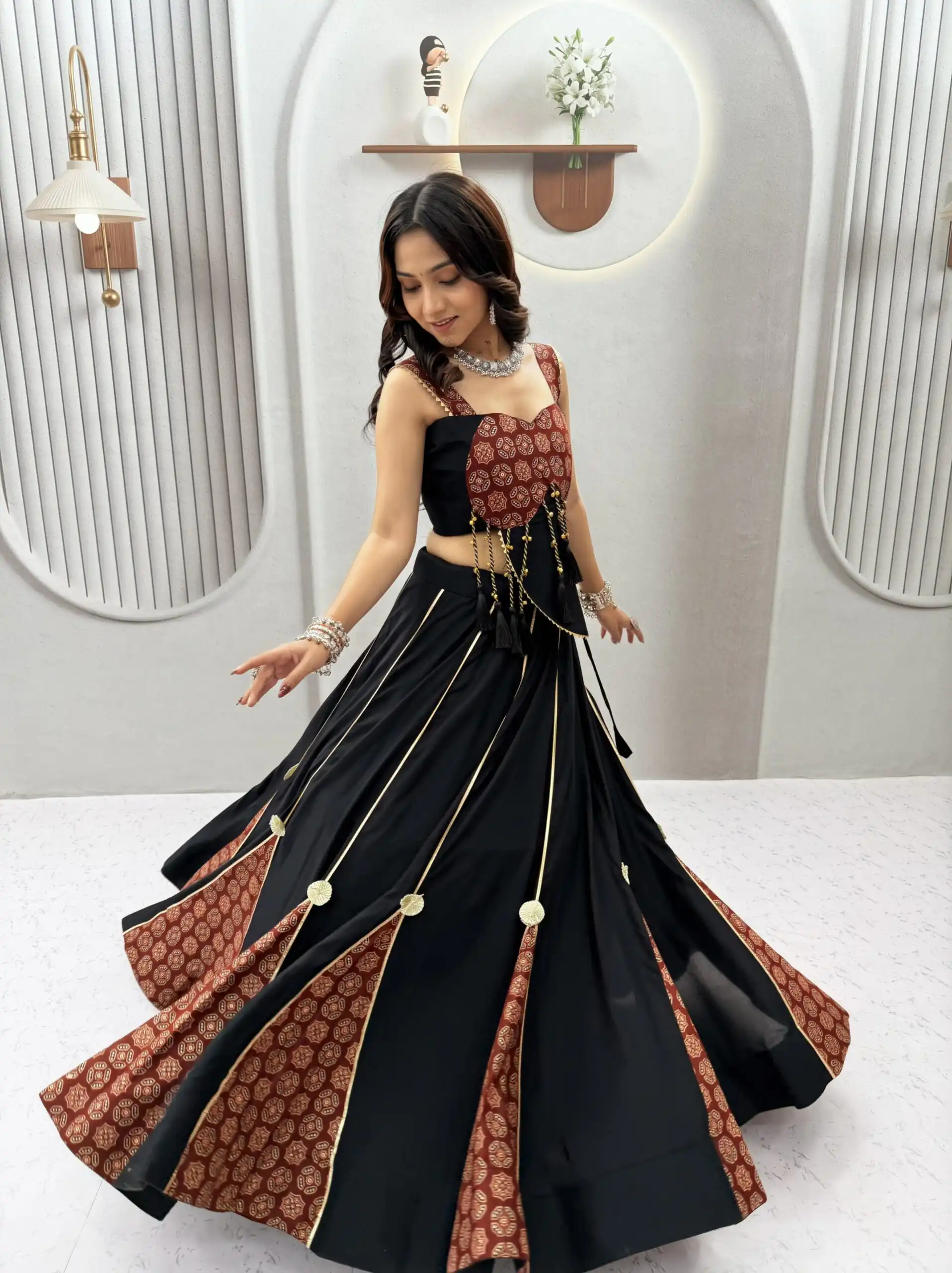 Ram 192 Black in Pure Cotton Mirror Work & Gamthi Work Lehenga Choli . Exclusive Offer ₹2849. Delivery 4-6 Working Days. Shop now. | Lehenga, Bollywood Lehenga, Creative Lehenga, Designer Lehenga, Embroidered Lehenga, Party Wear Lehenga
