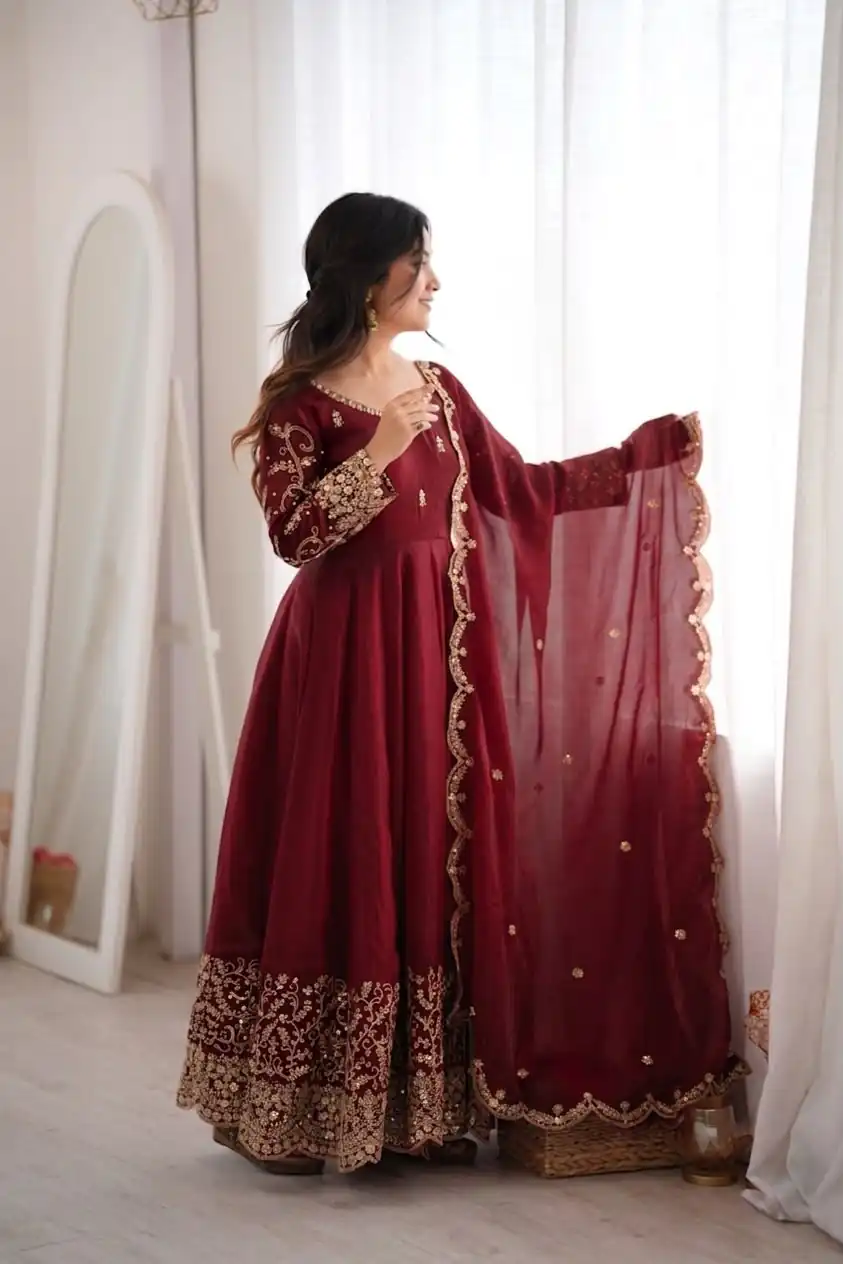 ZSR 3185 Maroon Fendy Silk Gown with Embroidery Work & Sequins Work. Special Price ₹2399. Delivery 4-6 Working Days. Shop now. | Gowns, Bollywood Gowns, Creative Gowns, Designer Gowns, Embroidered Gowns, Party Wear Gowns