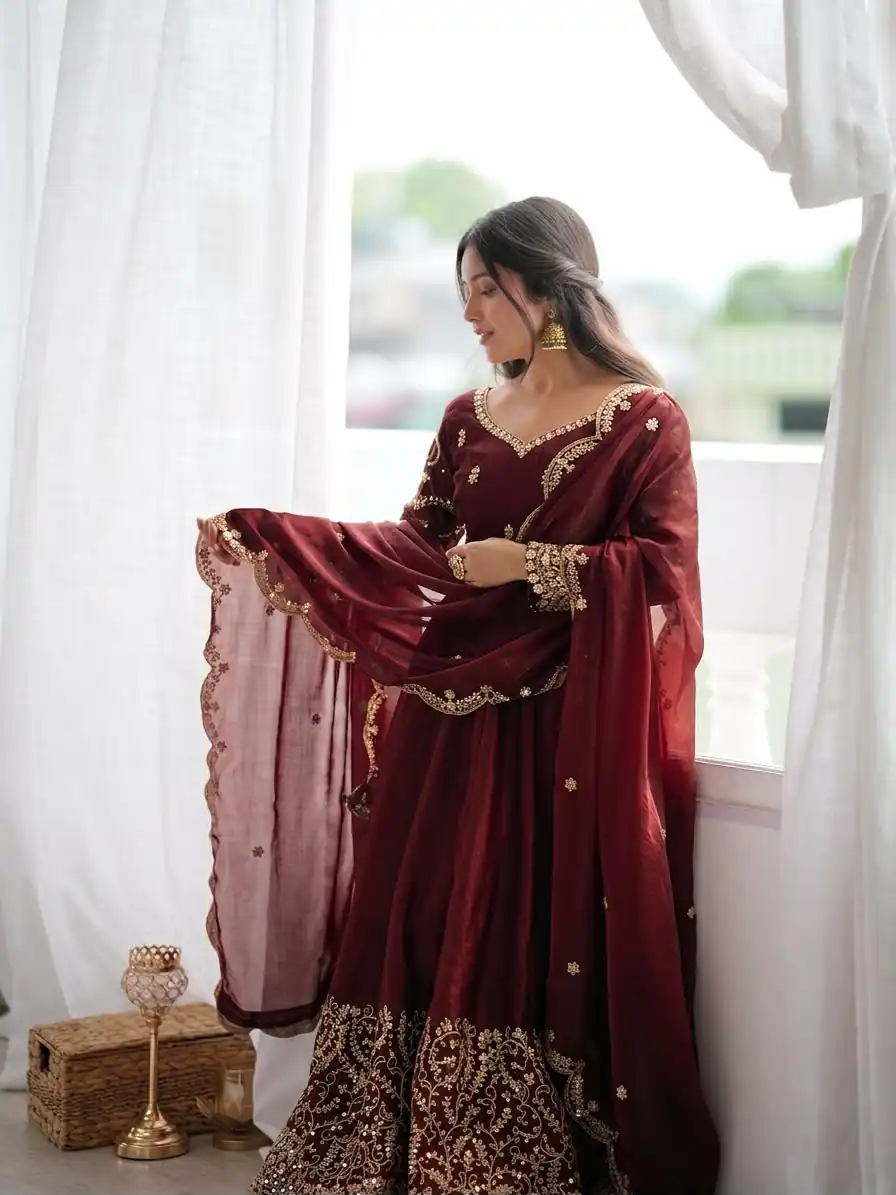 ZSR 3185 Maroon Fendy Silk Gown with Embroidery Work & Sequins Work. Special Price ₹2399. Delivery 4-6 Working Days. Shop now. | Gowns, Bollywood Gowns, Creative Gowns, Designer Gowns, Embroidered Gowns, Party Wear Gowns