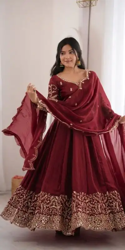 ZSR 3185 Maroon Fendy Silk Gown with Embroidery Work & Sequins Work. Special Price ₹2399. Delivery 4-6 Working Days. Shop now. | Gowns, Bollywood Gowns, Creative Gowns, Designer Gowns, Embroidered Gowns, Party Wear Gowns