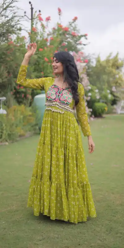 KA 1268 Mehendi in Colour Faux Georgette Bandhani Print Work Gown. Available at ₹2119 only. Delivery 4-6 Working Days. Shop now. | Gowns, Bollywood Gowns, Creative Gowns, Designer Gowns, Embroidered Gowns, Party Wear Gowns