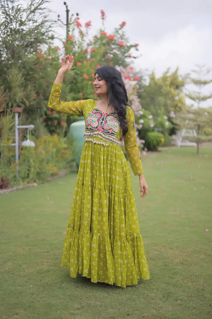 KA 1268 Mehendi in Colour Faux Georgette Bandhani Print Work Gown. Available at ₹2119 only. Delivery 4-6 Working Days. Shop now. | Gowns, Bollywood Gowns, Creative Gowns, Designer Gowns, Embroidered Gowns, Party Wear Gowns