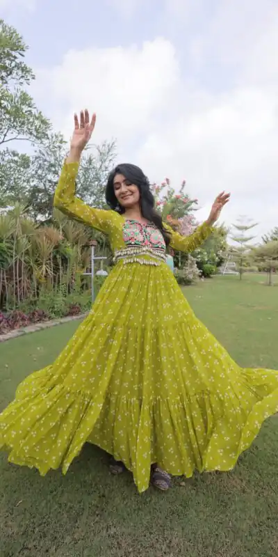 KA 1268 Mehendi in Colour Faux Georgette Bandhani Print Work Gown. Available at ₹2119 only. Delivery 4-6 Working Days. Shop now. | Gowns, Bollywood Gowns, Creative Gowns, Designer Gowns, Embroidered Gowns, Party Wear Gowns