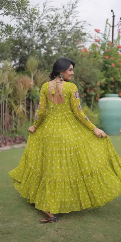 KA 1268 Mehendi in Colour Faux Georgette Bandhani Print Work Gown. Available at ₹2119 only. Delivery 4-6 Working Days. Shop now. | Gowns, Bollywood Gowns, Creative Gowns, Designer Gowns, Embroidered Gowns, Party Wear Gowns