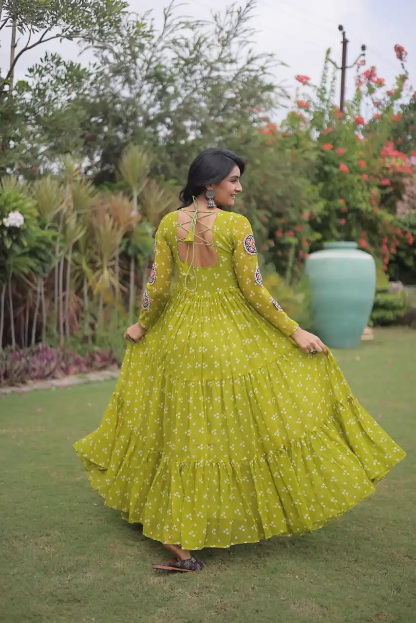 KA 1268 Mehendi in Colour Faux Georgette Bandhani Print Work Gown. Available at ₹2119 only. Delivery 4-6 Working Days. Shop now. | Gowns, Bollywood Gowns, Creative Gowns, Designer Gowns, Embroidered Gowns, Party Wear Gowns