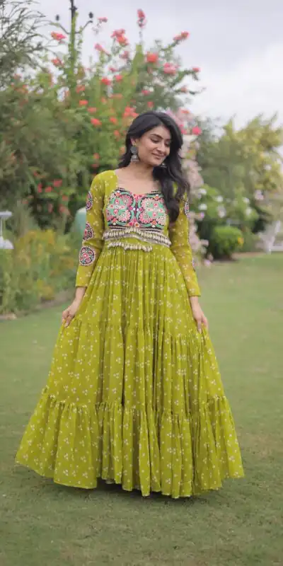 KA 1268 Mehendi in Colour Faux Georgette Bandhani Print Work Gown. Available at ₹2119 only. Delivery 4-6 Working Days. Shop now. | Gowns, Bollywood Gowns, Creative Gowns, Designer Gowns, Embroidered Gowns, Party Wear Gowns