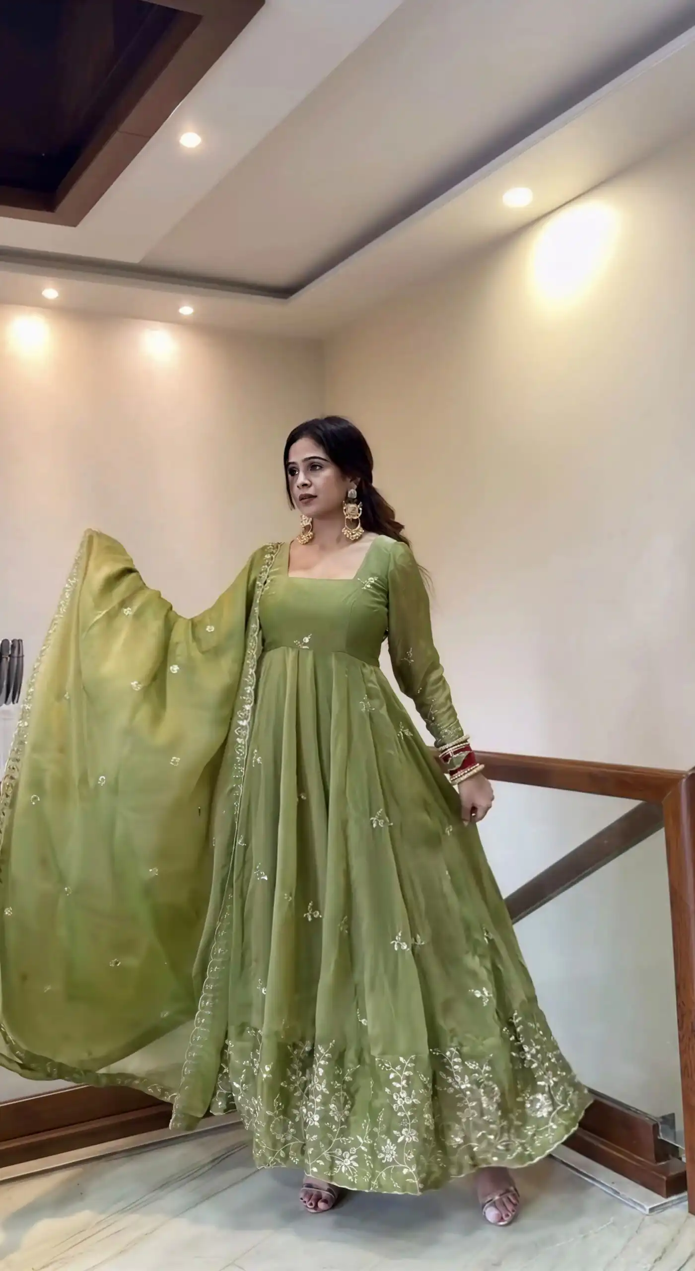 NSR 907 Mehendi Fendy Silk Gown with Embroidery Work & Sequins Work. Special Price ₹2399. Delivery 4-6 Working Days. Shop now. | Gowns, Bollywood Gowns, Creative Gowns, Designer Gowns, Embroidered Gowns, Party Wear Gowns