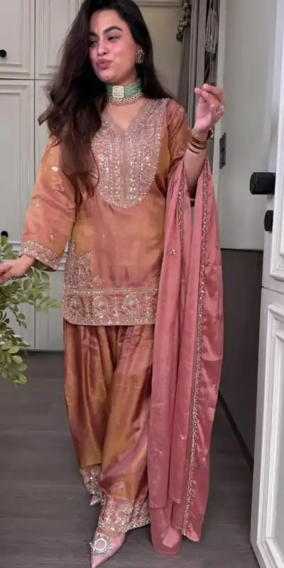 SRK 5367 Peach Embroidery Work & Sequins Work Salwar Suit in Peach Ronald Silk. Get it for ₹2349. Delivery 4-6 Working Days. Shop now. | Jump Suits, Salwar suit, Designer Suits, Casual Suits, Creative suits, Palazzo Suits, Party Wear Suits, Patiala Suits, Straight Suits