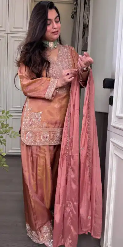 SRK 5367 Peach Embroidery Work & Sequins Work Salwar Suit in Peach Ronald Silk. Get it for ₹2349. Delivery 4-6 Working Days. Shop now. | Jump Suits, Salwar suit, Designer Suits, Casual Suits, Creative suits, Palazzo Suits, Party Wear Suits, Patiala Suits, Straight Suits