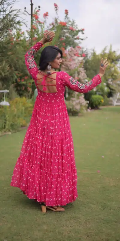 KA 1268 Pink in Colour Faux Georgette Bandhani Print Work Gown. Available at ₹2119 only. Delivery 4-6 Working Days. Shop now. | Gowns, Bollywood Gowns, Creative Gowns, Designer Gowns, Embroidered Gowns, Party Wear Gowns
