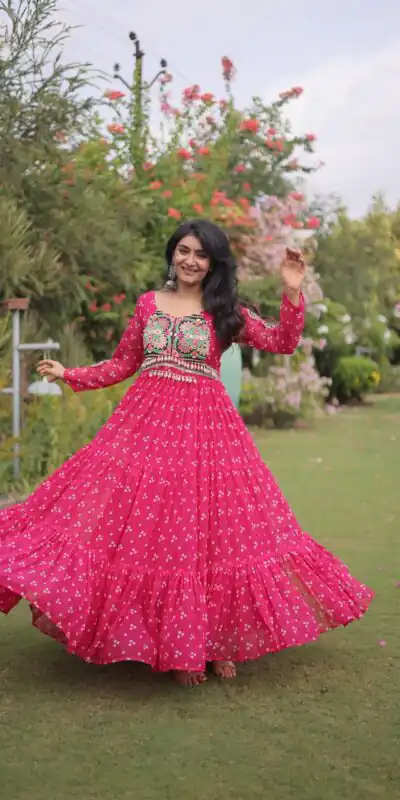 KA 1268 Pink in Colour Faux Georgette Bandhani Print Work Gown. Available at ₹2119 only. Delivery 4-6 Working Days. Shop now. | Gowns, Bollywood Gowns, Creative Gowns, Designer Gowns, Embroidered Gowns, Party Wear Gowns