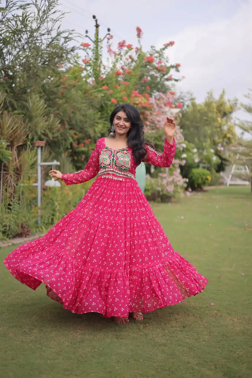 KA 1268 Pink in Colour Faux Georgette Bandhani Print Work Gown. Available at ₹2119 only. Delivery 4-6 Working Days. Shop now. | Gowns, Bollywood Gowns, Creative Gowns, Designer Gowns, Embroidered Gowns, Party Wear Gowns