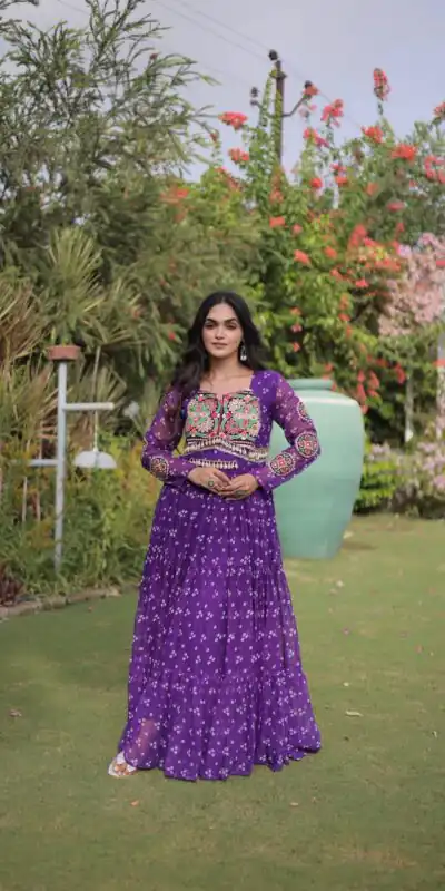 KA 1268 Purple in Colour Faux Georgette Bandhani Print Work Gown. Available at ₹2119 only. Delivery 4-6 Working Days. Shop now. | Gowns, Bollywood Gowns, Creative Gowns, Designer Gowns, Embroidered Gowns, Party Wear Gowns