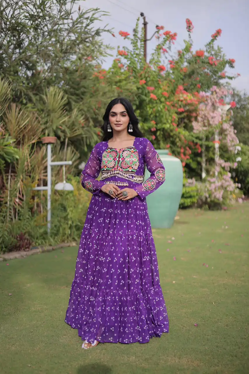 KA 1268 Purple in Colour Faux Georgette Bandhani Print Work Gown. Available at ₹2119 only. Delivery 4-6 Working Days. Shop now. | Gowns, Bollywood Gowns, Creative Gowns, Designer Gowns, Embroidered Gowns, Party Wear Gowns