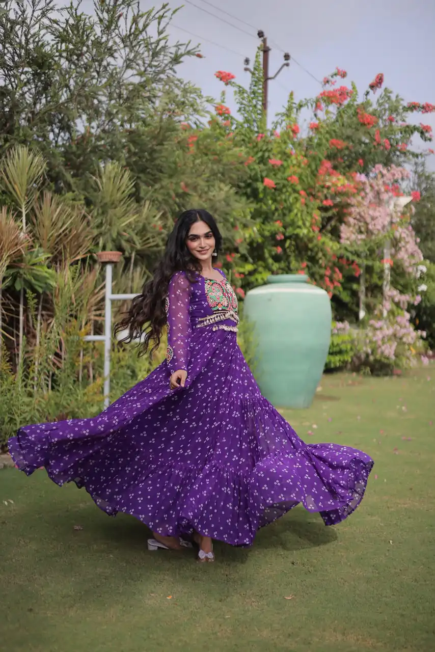 KA 1268 Purple in Colour Faux Georgette Bandhani Print Work Gown. Available at ₹2119 only. Delivery 4-6 Working Days. Shop now. | Gowns, Bollywood Gowns, Creative Gowns, Designer Gowns, Embroidered Gowns, Party Wear Gowns