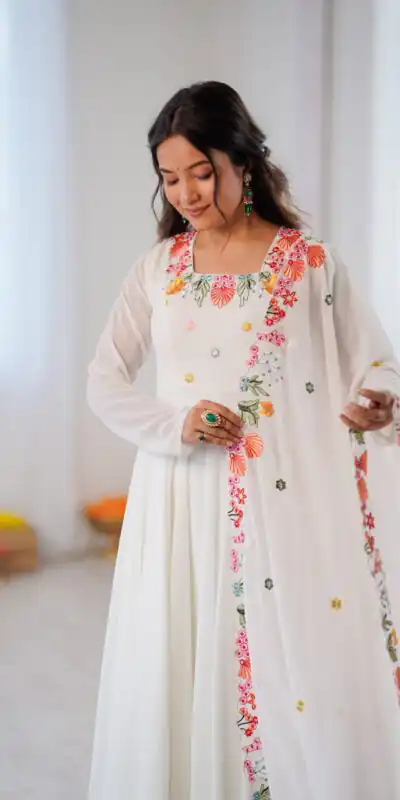 NSR 901 White Faux Georgette Salwar Suit with Lace Work & Embroidery Work. Introductory Price ₹2099. Delivery 4-6 Working Days. Shop now. | Jump Suits, Salwar suit, Designer Suits, Casual Suits, Creative suits, Palazzo Suits, Party Wear Suits, Patiala Suits, Straight Suits