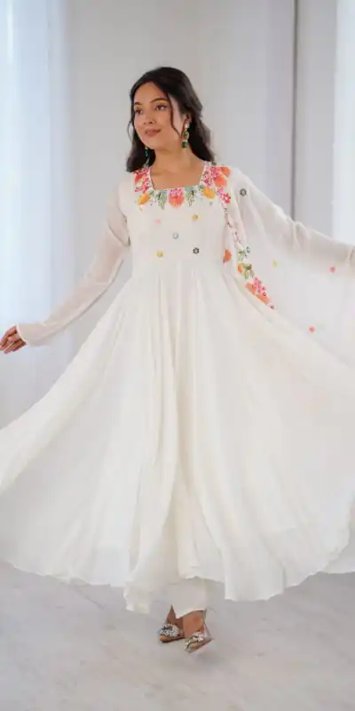 NSR 901 White Faux Georgette Salwar Suit with Lace Work & Embroidery Work. Introductory Price ₹2099. Delivery 4-6 Working Days. Shop now. | Jump Suits, Salwar suit, Designer Suits, Casual Suits, Creative suits, Palazzo Suits, Party Wear Suits, Patiala Suits, Straight Suits