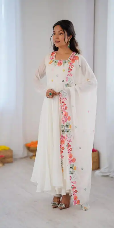 NSR 901 White Faux Georgette Salwar Suit with Lace Work & Embroidery Work. Introductory Price ₹2099. Delivery 4-6 Working Days. Shop now. | Jump Suits, Salwar suit, Designer Suits, Casual Suits, Creative suits, Palazzo Suits, Party Wear Suits, Patiala Suits, Straight Suits