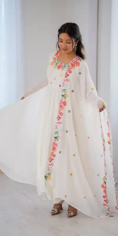 NSR 901 White Faux Georgette Salwar Suit with Lace Work & Embroidery Work. Introductory Price ₹2099. Delivery 4-6 Working Days. Shop now. | Jump Suits, Salwar suit, Designer Suits, Casual Suits, Creative suits, Palazzo Suits, Party Wear Suits, Patiala Suits, Straight Suits