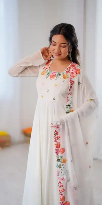 NSR 901 White Faux Georgette Salwar Suit with Lace Work & Embroidery Work. Introductory Price ₹2099. Delivery 4-6 Working Days. Shop now. | Jump Suits, Salwar suit, Designer Suits, Casual Suits, Creative suits, Palazzo Suits, Party Wear Suits, Patiala Suits, Straight Suits