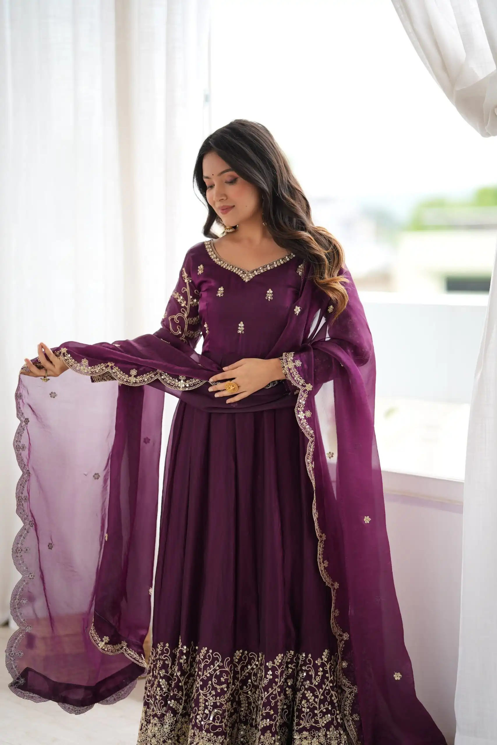 ZSR 3185 Wine Fendy Silk Gown with Embroidery Work & Sequins Work. Special Price ₹2399. Delivery 4-6 Working Days. Shop now. | Gowns, Bollywood Gowns, Creative Gowns, Designer Gowns, Embroidered Gowns, Party Wear Gowns