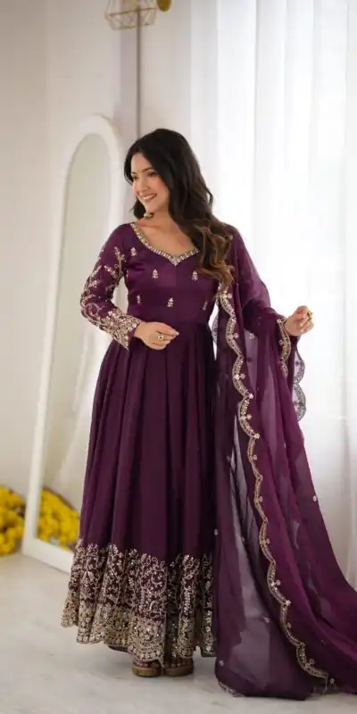 ZSR 3185 Wine Fendy Silk Gown with Embroidery Work & Sequins Work. Special Price ₹2399. Delivery 4-6 Working Days. Shop now. | Gowns, Bollywood Gowns, Creative Gowns, Designer Gowns, Embroidered Gowns, Party Wear Gowns