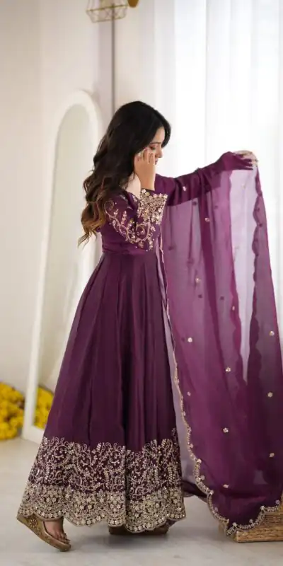 ZSR 3185 Wine Fendy Silk Gown with Embroidery Work & Sequins Work. Special Price ₹2399. Delivery 4-6 Working Days. Shop now. | Gowns, Bollywood Gowns, Creative Gowns, Designer Gowns, Embroidered Gowns, Party Wear Gowns