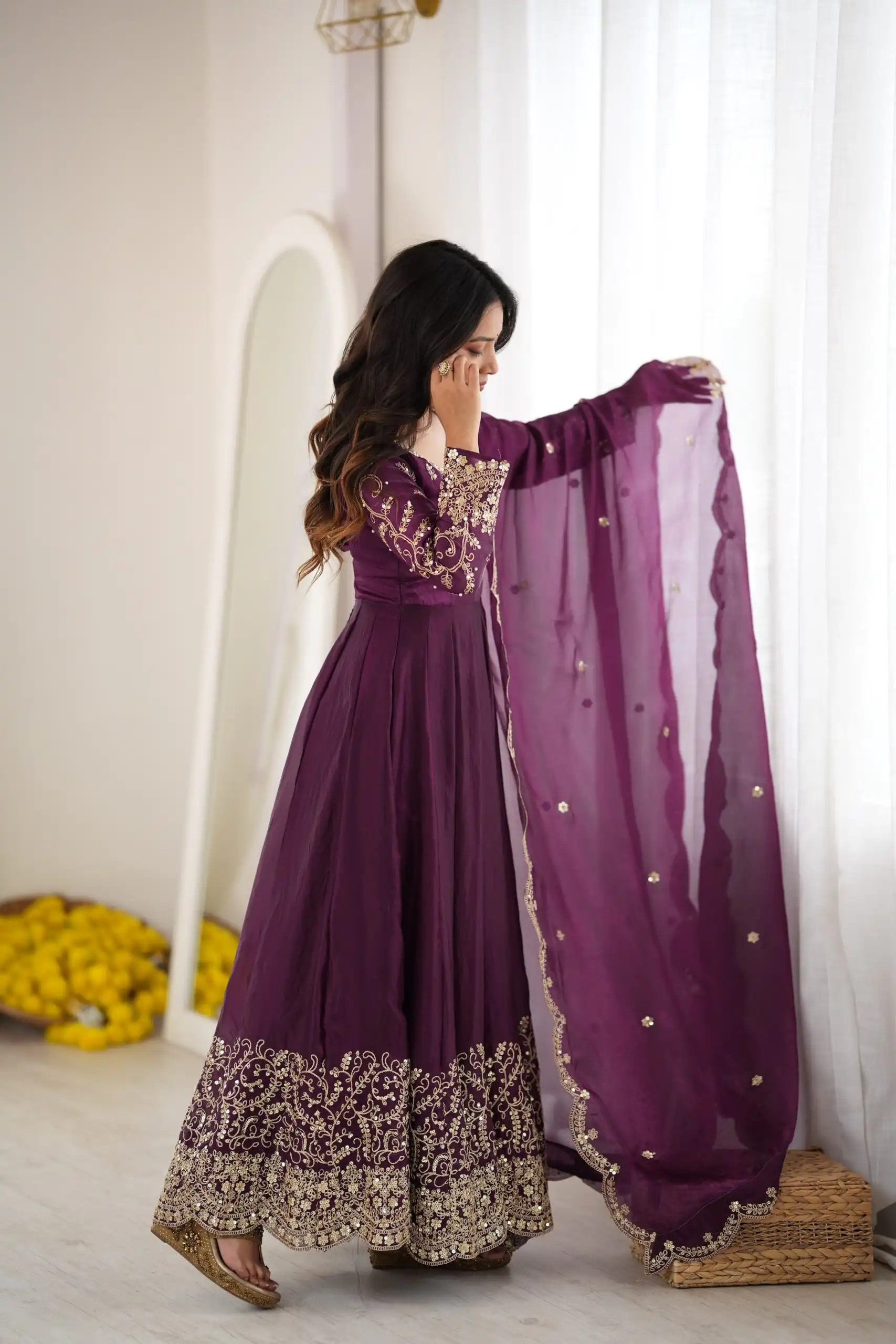 ZSR 3185 Wine Fendy Silk Gown with Embroidery Work & Sequins Work. Special Price ₹2399. Delivery 4-6 Working Days. Shop now. | Gowns, Bollywood Gowns, Creative Gowns, Designer Gowns, Embroidered Gowns, Party Wear Gowns
