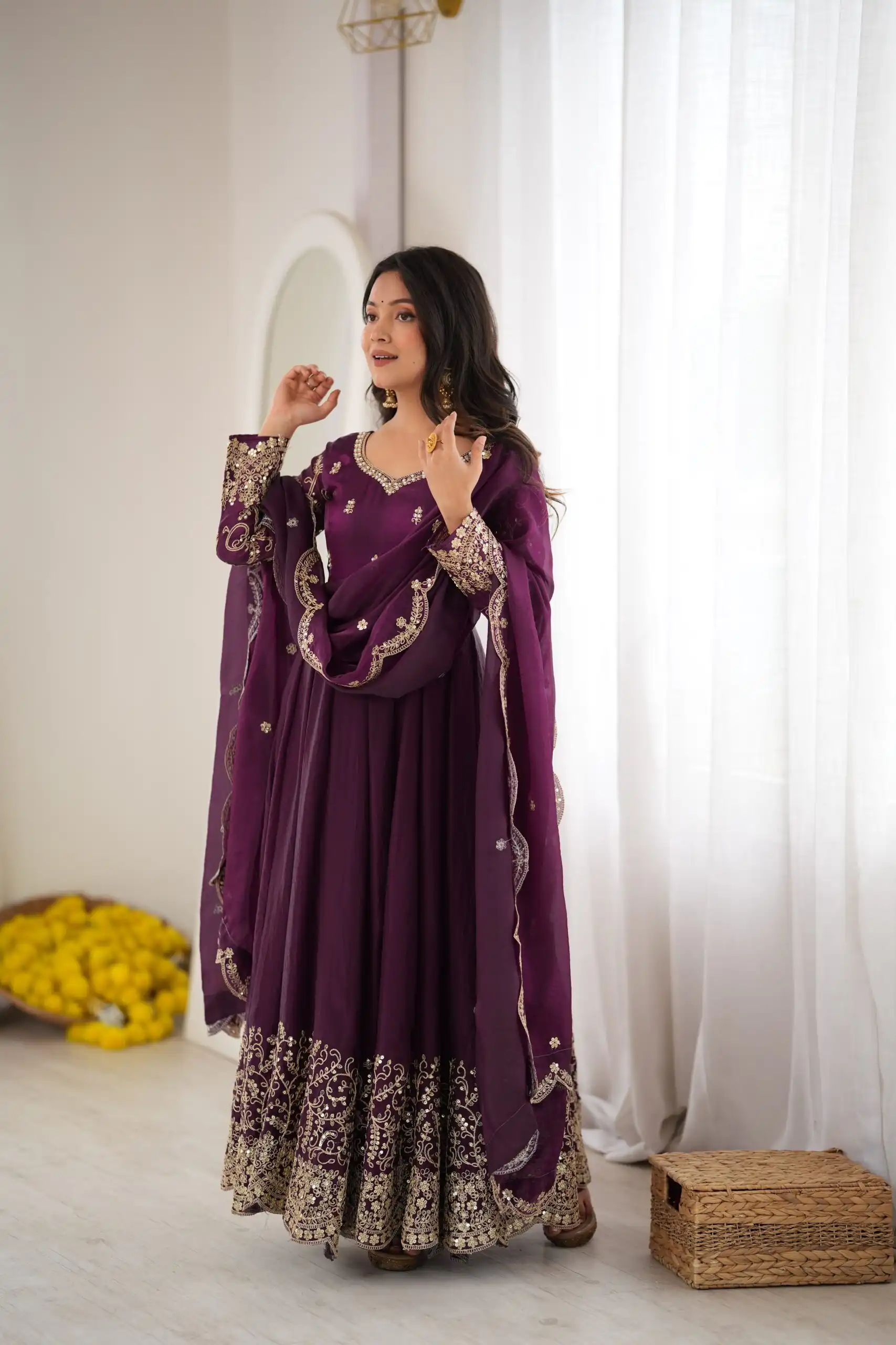 ZSR 3185 Wine Fendy Silk Gown with Embroidery Work & Sequins Work. Special Price ₹2399. Delivery 4-6 Working Days. Shop now. | Gowns, Bollywood Gowns, Creative Gowns, Designer Gowns, Embroidered Gowns, Party Wear Gowns