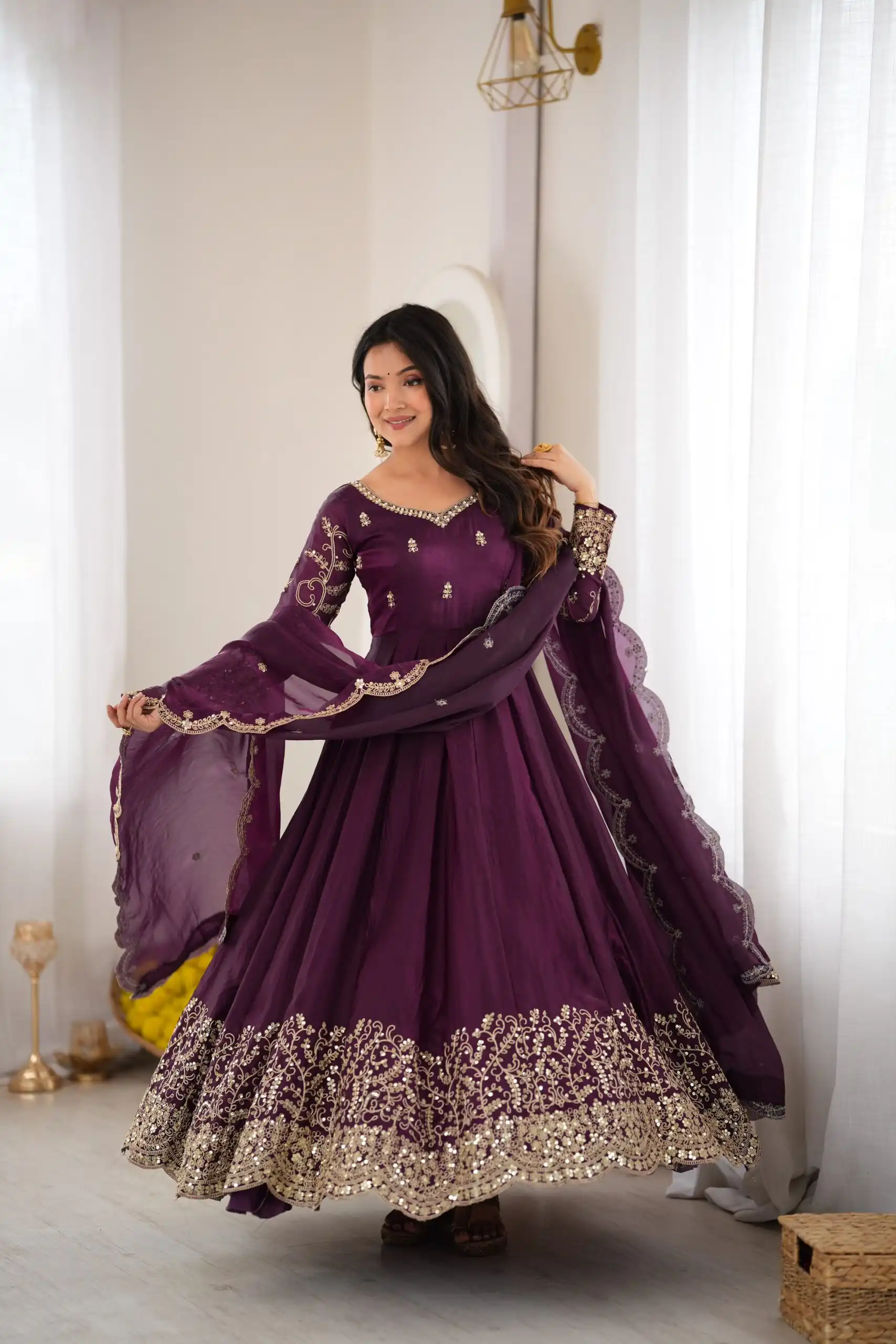 ZSR 3185 Wine Fendy Silk Gown with Embroidery Work & Sequins Work. Special Price ₹2399. Delivery 4-6 Working Days. Shop now. | Gowns, Bollywood Gowns, Creative Gowns, Designer Gowns, Embroidered Gowns, Party Wear Gowns