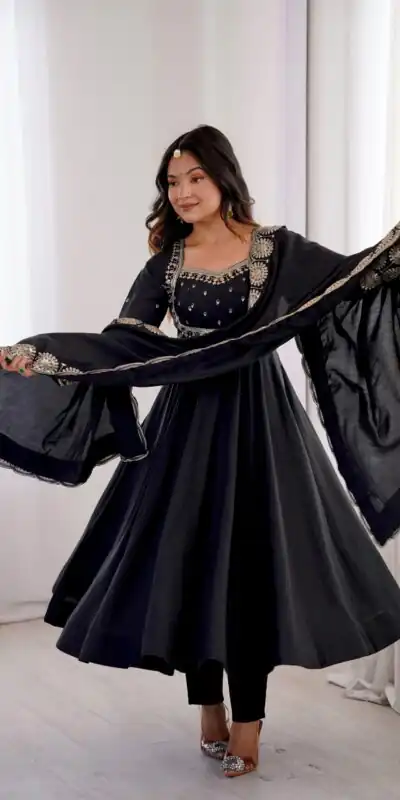 ZF 5026 Black Colour Roman Silk Salwar Suit with Embroidery Work. Best Price ₹2399. Delivery 4-6 Working Days. Online Shop now. | Anarkali Suits, Bollywood Anarkali, Creative-Anarkali, Designer Anarkali, Embroidered Anarkali, Party Wear Anarkali