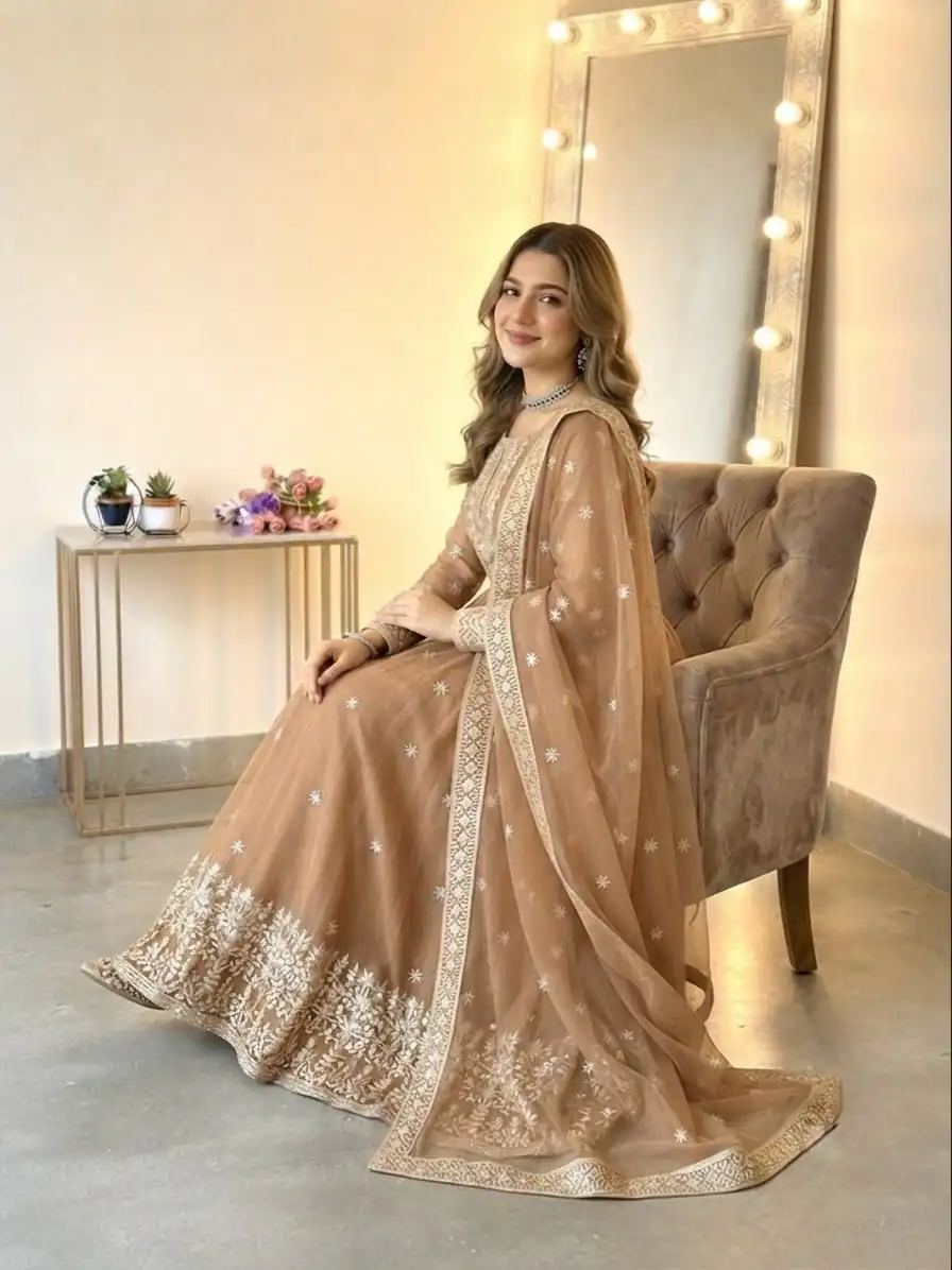 SSR 546 Chiku in Georgette Embroidery Work & Sequins Work Gown . Get it for ₹2149. Delivery 4-6 Working Days. Online Shop now. | Gowns, Bollywood Gowns, Creative Gowns, Designer Gowns, Embroidered Gowns, Party Wear Gowns