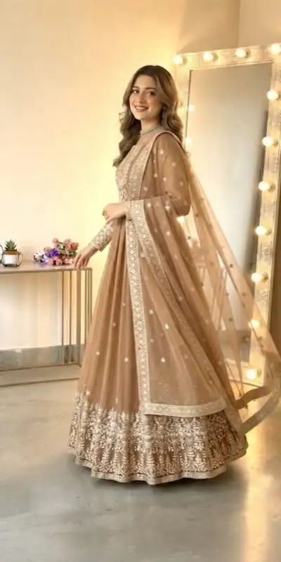 SSR 546 Chiku in Georgette Embroidery Work & Sequins Work Gown . Get it for ₹2149. Delivery 4-6 Working Days. Online Shop now. | Gowns, Bollywood Gowns, Creative Gowns, Designer Gowns, Embroidered Gowns, Party Wear Gowns