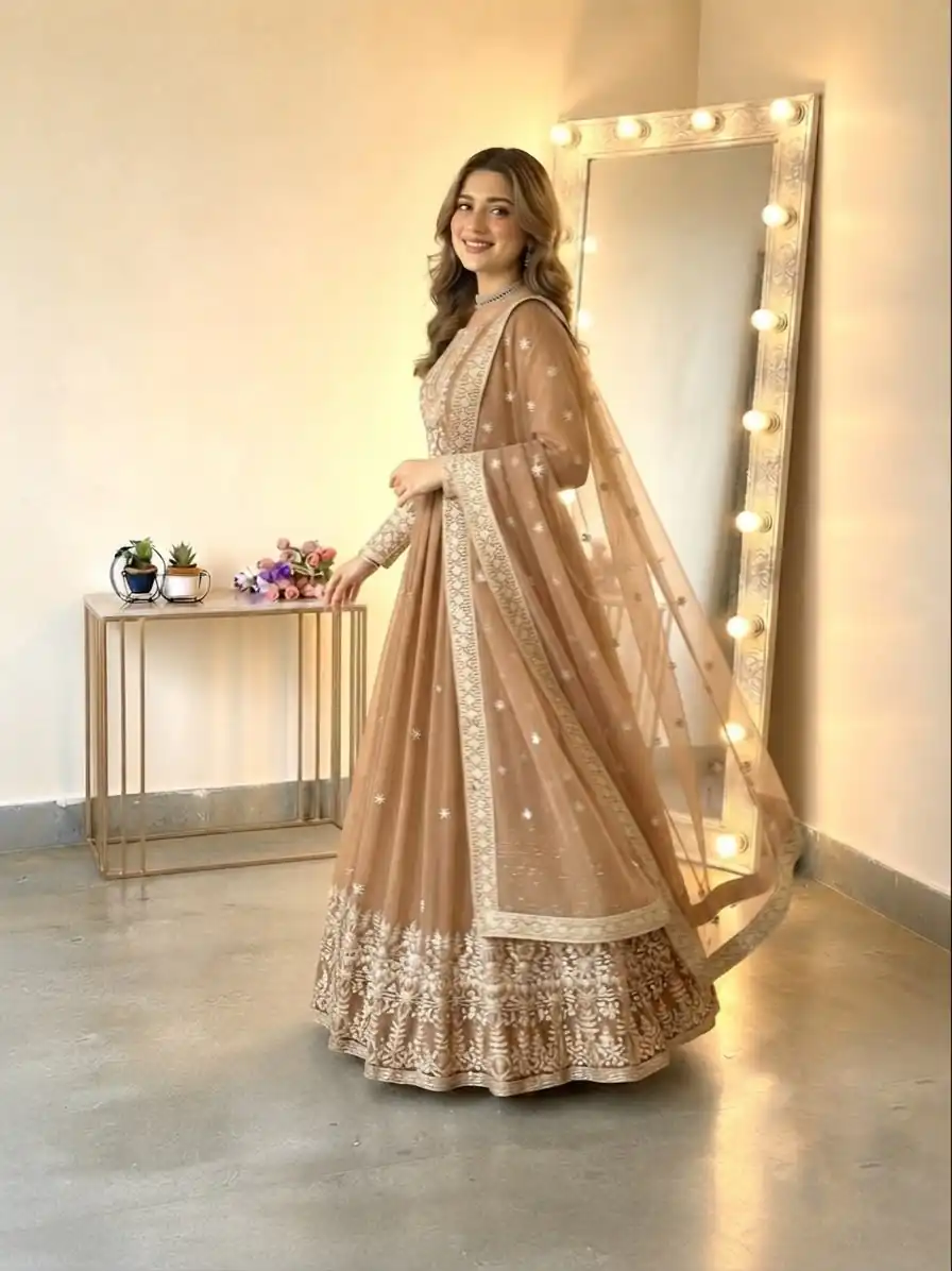SSR 546 Chiku in Georgette Embroidery Work & Sequins Work Gown . Get it for ₹2149. Delivery 4-6 Working Days. Online Shop now. | Gowns, Bollywood Gowns, Creative Gowns, Designer Gowns, Embroidered Gowns, Party Wear Gowns