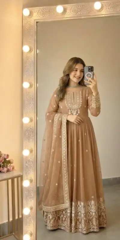 SSR 546 Chiku in Georgette Embroidery Work & Sequins Work Gown . Get it for ₹2149. Delivery 4-6 Working Days. Online Shop now. | Gowns, Bollywood Gowns, Creative Gowns, Designer Gowns, Embroidered Gowns, Party Wear Gowns