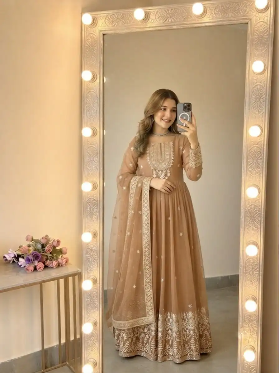 SSR 546 Chiku in Georgette Embroidery Work & Sequins Work Gown . Get it for ₹2149. Delivery 4-6 Working Days. Online Shop now. | Gowns, Bollywood Gowns, Creative Gowns, Designer Gowns, Embroidered Gowns, Party Wear Gowns