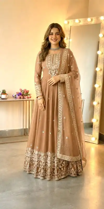 SSR 546 Chiku in Georgette Embroidery Work & Sequins Work Gown . Get it for ₹2149. Delivery 4-6 Working Days. Online Shop now. | Gowns, Bollywood Gowns, Creative Gowns, Designer Gowns, Embroidered Gowns, Party Wear Gowns