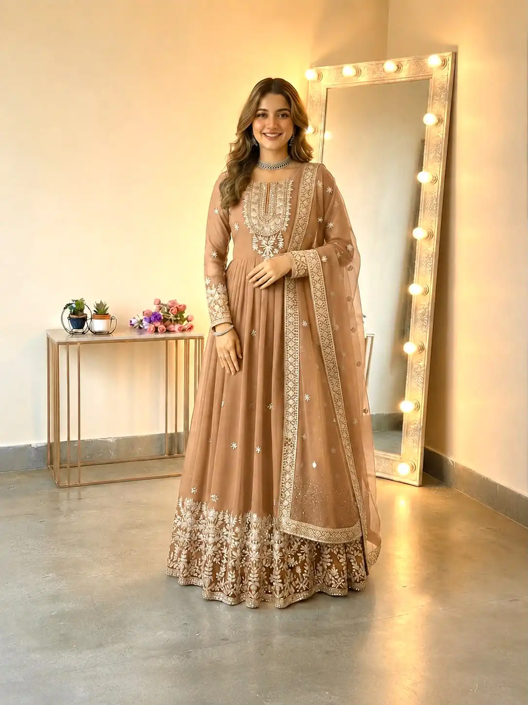 SSR 546 Chiku in Georgette Embroidery Work & Sequins Work Gown . Get it for ₹2149. Delivery 4-6 Working Days. Online Shop now. | Gowns, Bollywood Gowns, Creative Gowns, Designer Gowns, Embroidered Gowns, Party Wear Gowns