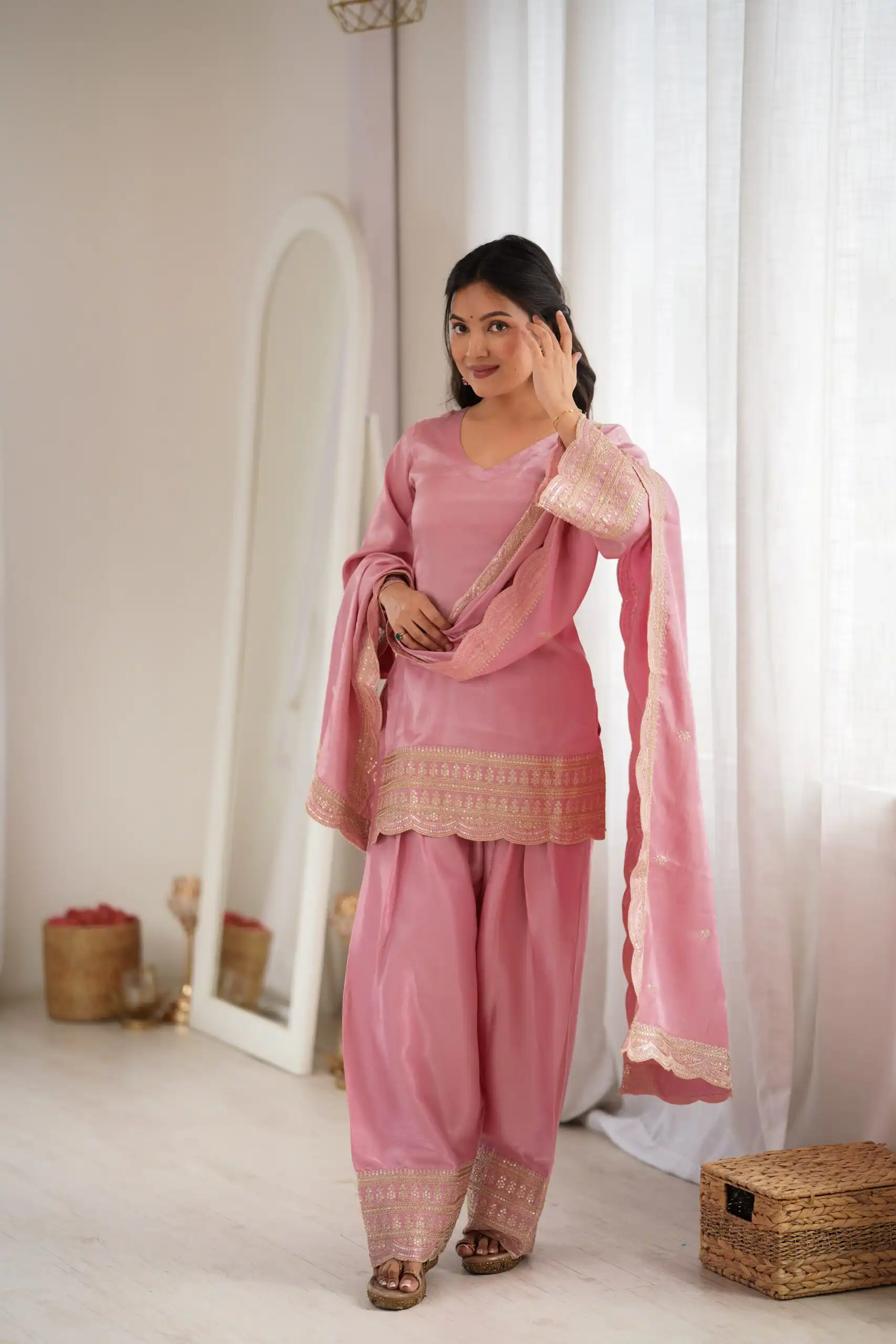 KB 304 Pink in Glass Roman Silk. Sequins Work & Embroidery Work Salwar Suit Festive Deal ₹1999. Delivery 4-6 Working Days. Shop now. | Jump Suits, Salwar suit, Designer Suits, Casual Suits, Creative suits, Palazzo Suits, Party Wear Suits, Patiala Suits, Straight Suits