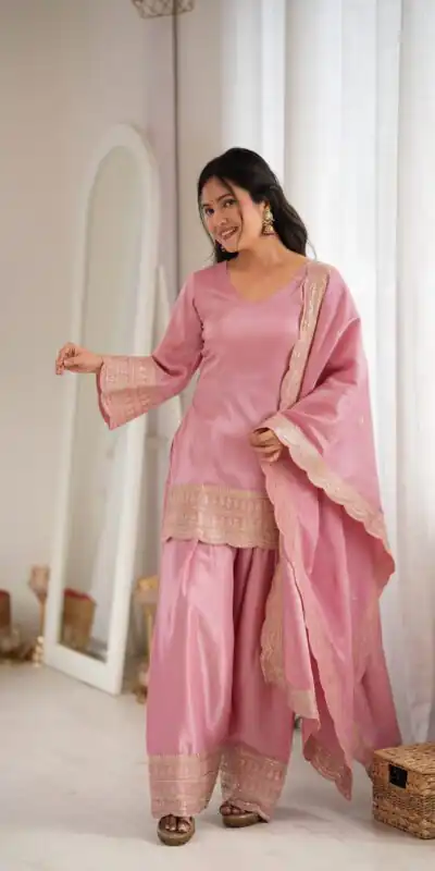 KB 304 Pink in Glass Roman Silk. Sequins Work & Embroidery Work Salwar Suit Festive Deal ₹1999. Delivery 4-6 Working Days. Shop now. | Jump Suits, Salwar suit, Designer Suits, Casual Suits, Creative suits, Palazzo Suits, Party Wear Suits, Patiala Suits, Straight Suits