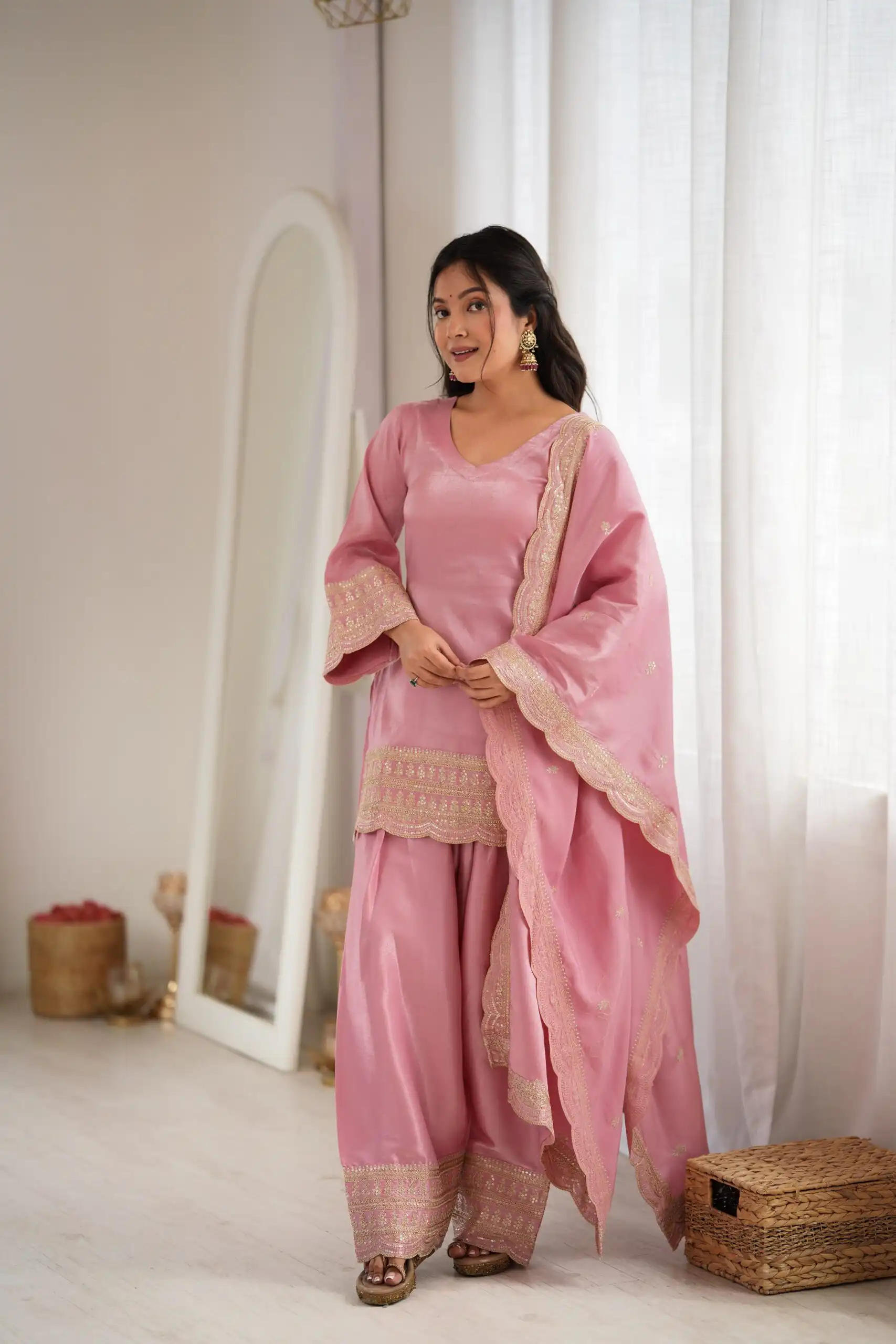 KB 304 Pink in Glass Roman Silk. Sequins Work & Embroidery Work Salwar Suit Festive Deal ₹1999. Delivery 4-6 Working Days. Shop now. | Jump Suits, Salwar suit, Designer Suits, Casual Suits, Creative suits, Palazzo Suits, Party Wear Suits, Patiala Suits, Straight Suits