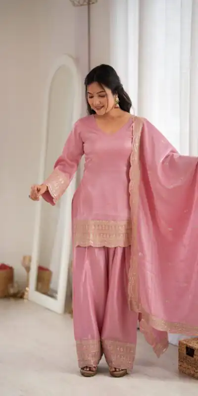 KB 304 Pink in Glass Roman Silk. Sequins Work & Embroidery Work Salwar Suit Festive Deal ₹1999. Delivery 4-6 Working Days. Shop now. | Jump Suits, Salwar suit, Designer Suits, Casual Suits, Creative suits, Palazzo Suits, Party Wear Suits, Patiala Suits, Straight Suits