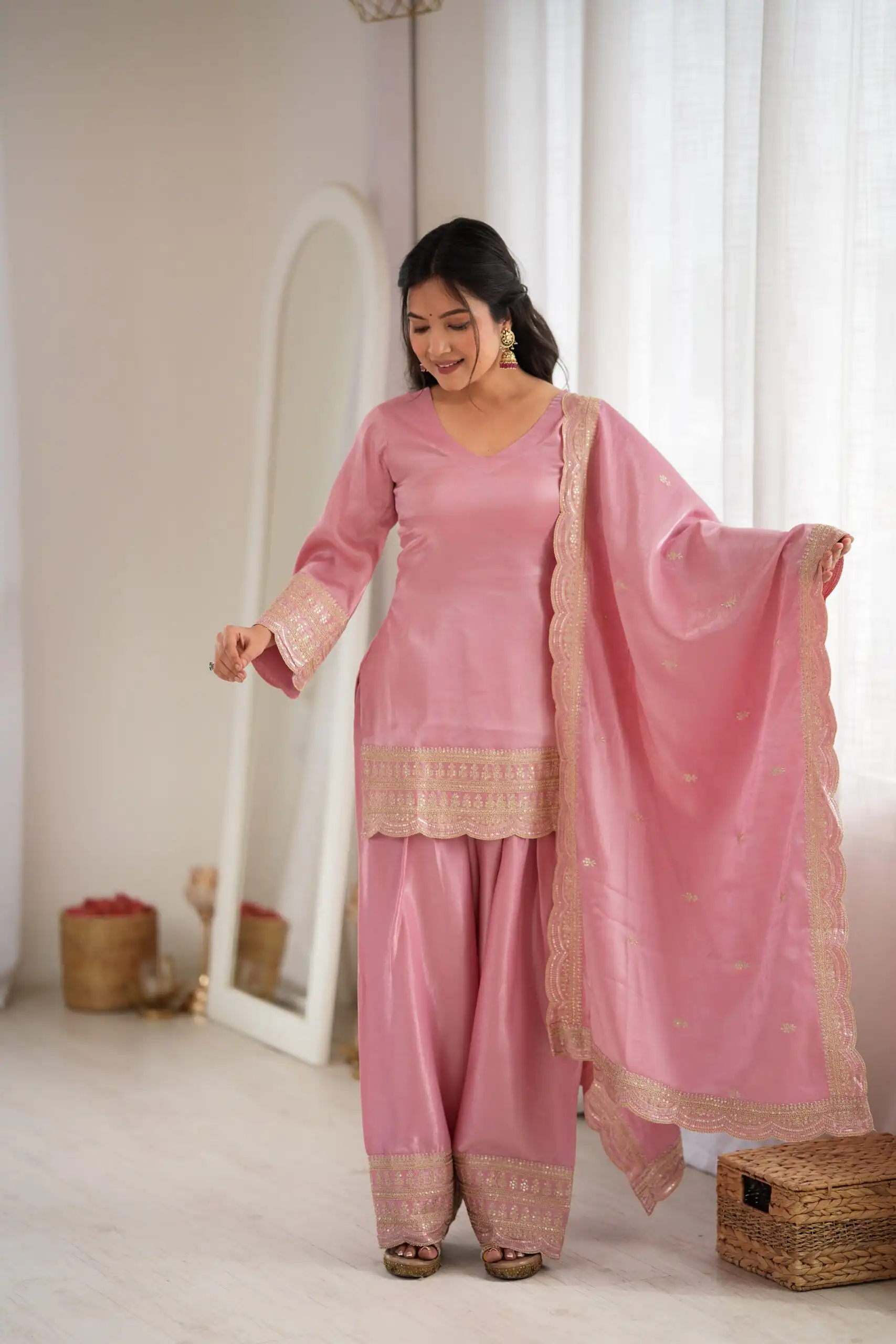 KB 304 Pink in Glass Roman Silk. Sequins Work & Embroidery Work Salwar Suit Festive Deal ₹1999. Delivery 4-6 Working Days. Shop now. | Jump Suits, Salwar suit, Designer Suits, Casual Suits, Creative suits, Palazzo Suits, Party Wear Suits, Patiala Suits, Straight Suits