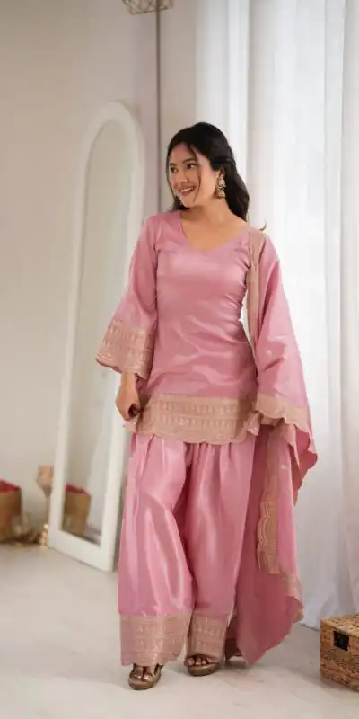 KB 304 Pink in Glass Roman Silk. Sequins Work & Embroidery Work Salwar Suit Festive Deal ₹1999. Delivery 4-6 Working Days. Shop now. | Jump Suits, Salwar suit, Designer Suits, Casual Suits, Creative suits, Palazzo Suits, Party Wear Suits, Patiala Suits, Straight Suits