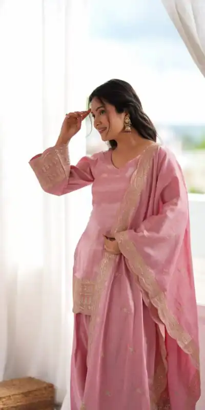KB 304 Pink in Glass Roman Silk. Sequins Work & Embroidery Work Salwar Suit Festive Deal ₹1999. Delivery 4-6 Working Days. Shop now. | Jump Suits, Salwar suit, Designer Suits, Casual Suits, Creative suits, Palazzo Suits, Party Wear Suits, Patiala Suits, Straight Suits