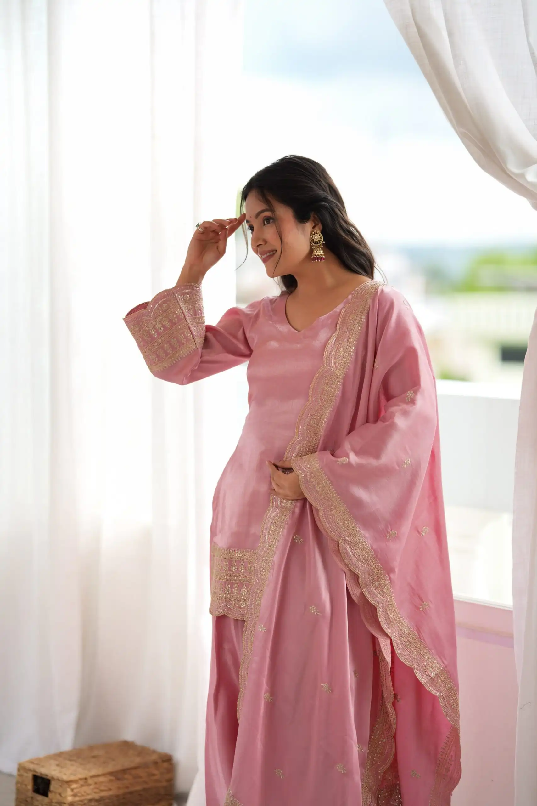 KB 304 Pink in Glass Roman Silk. Sequins Work & Embroidery Work Salwar Suit Festive Deal ₹1999. Delivery 4-6 Working Days. Shop now. | Jump Suits, Salwar suit, Designer Suits, Casual Suits, Creative suits, Palazzo Suits, Party Wear Suits, Patiala Suits, Straight Suits