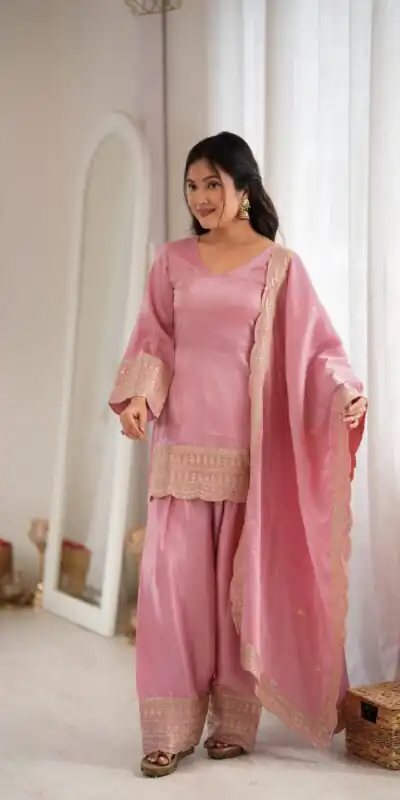 KB 304 Pink in Glass Roman Silk. Sequins Work & Embroidery Work Salwar Suit Festive Deal ₹1999. Delivery 4-6 Working Days. Shop now. | Jump Suits, Salwar suit, Designer Suits, Casual Suits, Creative suits, Palazzo Suits, Party Wear Suits, Patiala Suits, Straight Suits