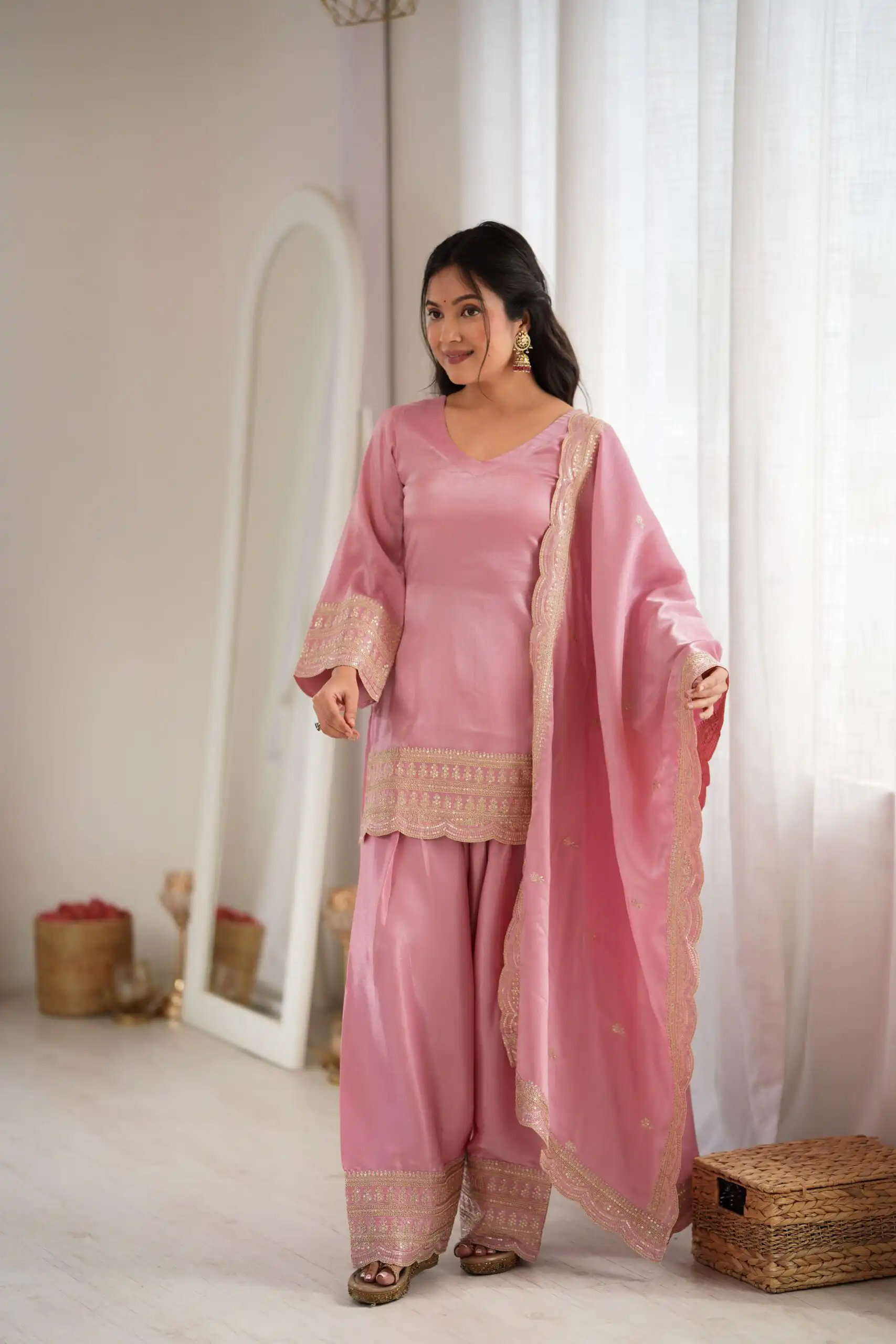 KB 304 Pink in Glass Roman Silk. Sequins Work & Embroidery Work Salwar Suit Festive Deal ₹1999. Delivery 4-6 Working Days. Shop now. | Jump Suits, Salwar suit, Designer Suits, Casual Suits, Creative suits, Palazzo Suits, Party Wear Suits, Patiala Suits, Straight Suits
