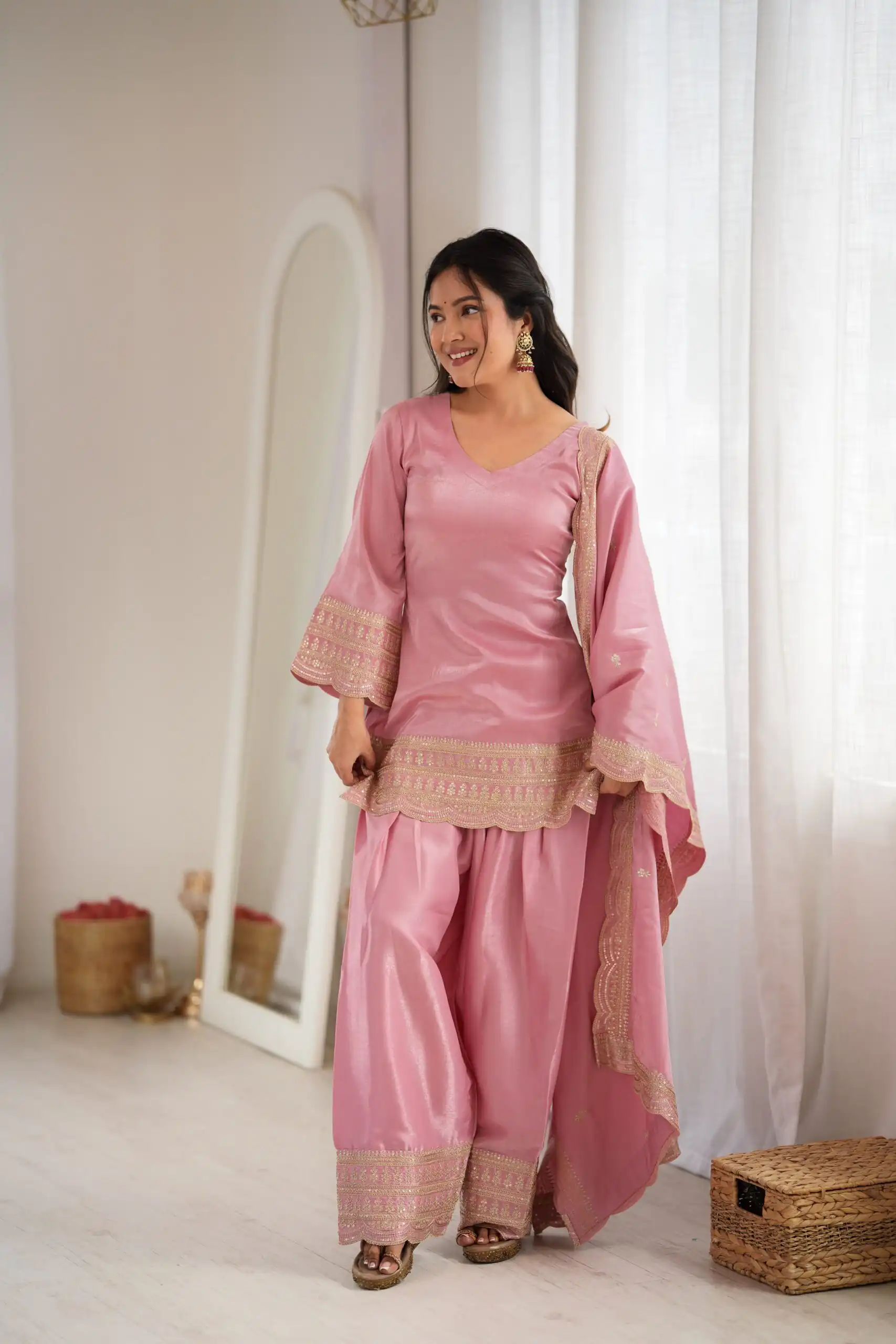 KB 304 Pink in Glass Roman Silk. Sequins Work & Embroidery Work Salwar Suit Festive Deal ₹1999. Delivery 4-6 Working Days. Shop now. | Jump Suits, Salwar suit, Designer Suits, Casual Suits, Creative suits, Palazzo Suits, Party Wear Suits, Patiala Suits, Straight Suits